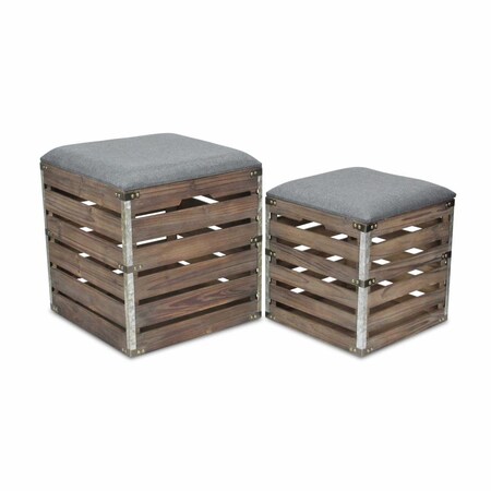 Homeroots Square Gray Linen Fabric & Wood Slats Storage Benches - Set of 2 379838